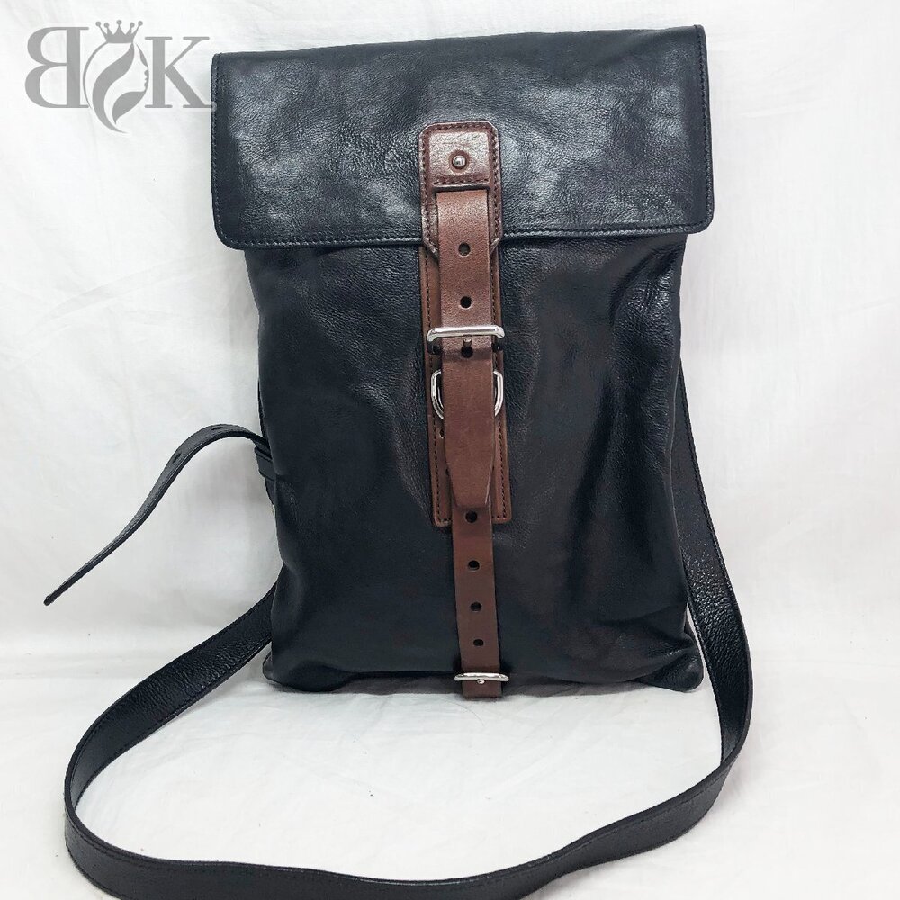 Prada black leather messenger bag brown belt closure Black